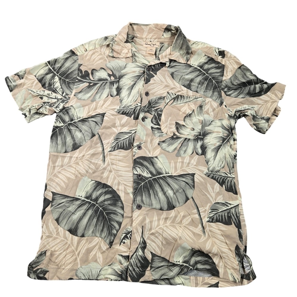 Panama Jack Shirt Mens Medium Beige Leaf Rayon Short Sleeve Hawaiian Tropical